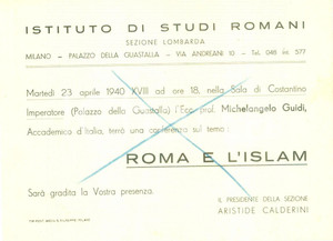 Documento originale, autentico 1940 MILANO Conferenza di Michelangelo GUIDI su Roma e l Islam Biglietto 1