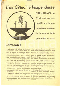 Materiale pubblicitario d’epoca 1951 PARMA Elezioni comunali  Lista CITTADINA INDIPENDENTE Volantino programma 1