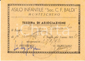 Oggetto da collezione cartaceo 1952 MONTESCHENO VB Asilo infantile C. F. BALDI Tessera di associazione 1