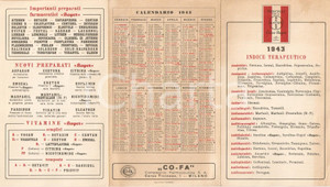 Materiale pubblicitario d’epoca 1943 MILANO Compagnia farmaceutica COFA Indice terapeutico BAYER Pieghevole 1