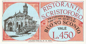Oggetto da collezione cartaceo 1978 MILANO Ristorante SAN CRISTOFORO Buono sconto 450 lire ILLUSTRATO 1