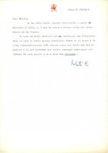 Autografo originale 1976 ROMA Quarta Internazionale Roberto MASSARI a Silvio PAOLICCHI Autografo 1