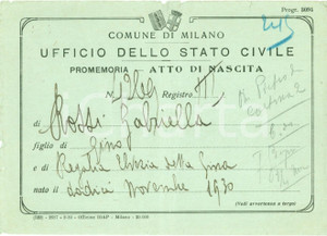 Documento originale, autentico 1930 MILANO Certificato nascita Gabriella ROSSI figlia di Elvezia REGALIA 1