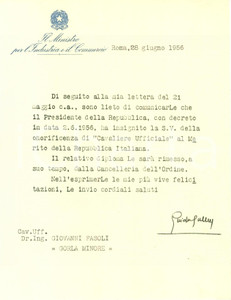 Autografo originale 1956 GORLA MINORE VA Giovanni FASOLI Cavaliere AUTOGRAFO Ministro Guido CORTESE 1