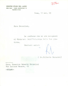Autografo originale 1969 ROMA DC Gilberto BERNABEI Centro Studi del Lazio Lettera con AUTOGRAFO 1