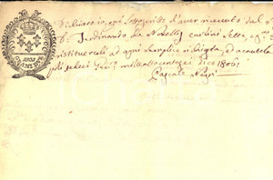 Documento originale, autentico 1806 NAPOLI Ricevuta di Pascale NEGRI a Ferdinando DE NOVELLIS Manoscritto 1