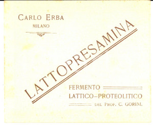Materiale pubblicitario d’epoca 1920 ca MILANO Laboratori Carlo ERBA Pubblicitario LATTOPRESAMINA Prof. GORINI 1