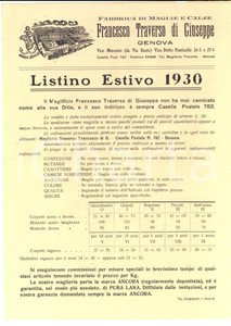 Materiale pubblicitario d’epoca 1930 GENOVA Francesco TRAVERSO maglie e calze Listino pubblicitario 1