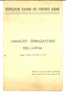 Libro, pubblicazione d epoca 1940 FEDERCONZORZI Ammasso obbligatorio dell avena Legge 12 luglio 1940 1