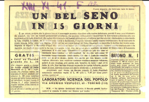 Materiale pubblicitario d’epoca 1941 TORINO Laboratori SCIENZA DEL POPOLO Latte SENORMOL Bel seno in 15 giorni 1