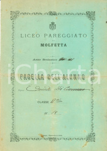 Oggetto da collezione cartaceo 1901 MOLFETTA BA Pagella Edoardo DI CIOMMO Liceo Pareggiato DANNEGGIATA 1