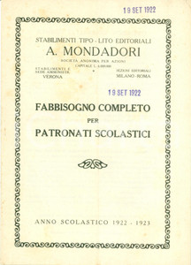 Materiale pubblicitario d’epoca 1922 MILANO Stabilimenti editoriali MONDADORI Patronati scolastici listino 1