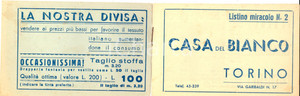 Materiale pubblicitario d’epoca 1930 ca TORINO Listino miracolo CASA DEL BIANCO Pubblicitario 1