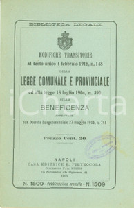 Documento originale, autentico 1915 NAPOLI Modifiche legge comunale su beneficenza Ediz. PIETROCOLA 1