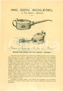 Materiale pubblicitario d’epoca 1900 ca MILANO Ing. Giovanni SCHLEGEL Oliatore brevettato KAYE acciaio VOLANTINO 1
