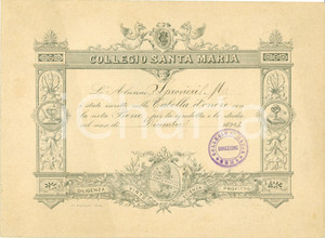 Documento originale, autentico 1902 ROMA COLLEGIO SANTA MARIA Vincenzo SPROVIERI iscritto in Tabella d Onore 1