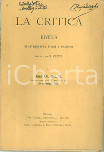 Libro, pubblicazione d epoca 1923 LA CRITICA Benedetto CROCE Intorno a storia Regno di NAPOLI Rivista 1