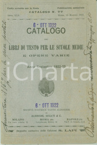 Libro, pubblicazione d epoca 1922 ROMA SocietÃ  Editrice DANTE ALIGHIERI Catalogo libri di testi scuole medie 1