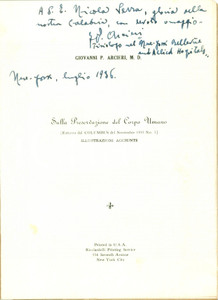 Autografo originale 1936 Giovanni P. ARCIERI Preservazione Corpo Umano INVIO AUTOGRAFO Nicola SERRA 1