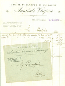 Documento originale, autentico 1926 RACCONIGI CN Annibale VIRGINIO Lubrificanti e colori Fattura commerciale 1