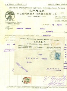 Documento originale, autentico 1924 TORINO S.P.A.D.A. SocietÃ  Piemontese Articoli decorazioni Affini VALABREGA 1