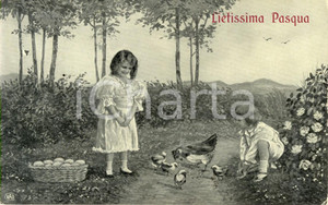 Cartolina originale da collezione 1912 PASQUA Bambine con chioccia e pulcini Augurale FP VG 1