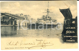 Cartolina originale da collezione 1901 TARANTO Passaggio della REGIA NAVE SICILIA Cartolina postale ANIMATA FP VG 1
