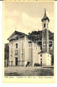 Cartolina originale da collezione 1938 VALLE GRANA PRADLEVES CN Chiesa parrocchiale Cartolina ANIMATA auto 1