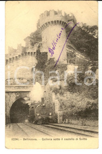 Cartolina originale da collezione 1907 BELLINZONA Galleria al castello SVITTO Cartolina ANIMATA treno DANNEGGIATA 1