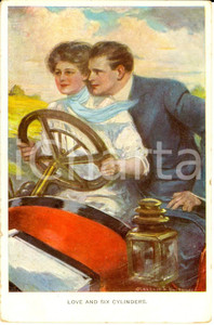 Cartolina originale da collezione 1915 INNAMORATI Coppia al volante  Love and six cylinders Cartolina ILLUSTRATA 1