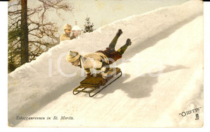 Cartolina originale da collezione 1924 ST. MORITZ SVIZZERA Discesa in slittino Cartolina postale ILLUSTRATA FP 1