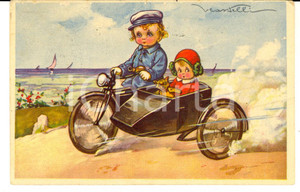 Cartolina originale da collezione 1934 BAMBINI Due piccoli e veloci viaggiatori Cartolina ill. CASTELLI FP VG 1