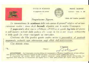 Materiale pubblicitario d’epoca 1935 VENEZIA Assicurazioni Generali  Biglietto per scadenza premio incendi 1