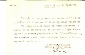 Autografo originale 1941 IVREA TO Cartolina UNIONE NAZIONALE UFFICIALI IN CONGEDO FG VG 1