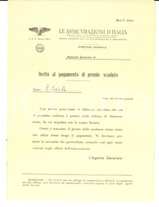 Manoscritto, lettera originale 1943 ROMA ASSICURAZIONI D ITALIA Lettera per pagamento premio scaduto 1