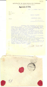 Manoscritto, lettera originale 1942 VIU  TO ISTITUTO SAN PAOLO invia spettanze a Maria CARLEVARIS Lettera 1