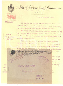 Manoscritto, lettera originale 1915 ROMA Lettera INA ASSICURAZIONI a Giacomo VAGLIO per premio polizza 1