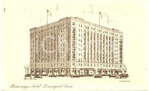 Cartolina originale da collezione 1950 DAVENPORT, IOWA Hotel MISSISSIPPI Good Food Refreshing Sleep ILLUSTRATA 1