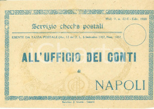 Documento originale, autentico 1920 NAPOLI Servizio checks postali Busta intestata priva di contenuto 1