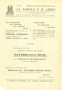 Documento originale, autentico 1931 LA PAROLA E IL LIBRO Bollettino editoriale Lunario delle Muse DANNEGGIATO 1