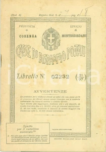 Documento originale, autentico 1933 MONTEGIORDANO CS Casse di Risparmio Postali Libretto fruttifero 1