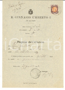 Oggetto da collezione cartaceo 1922 ROMA Regio Ginnasio UMBERTO I Pagella di Giovanni Battista PINI 1