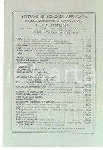 Materiale pubblicitario d’epoca 1910 ca NAPOLI Istituto prof. F. ARENA Listino esami e specialitÃ  farmaceutiche 1