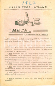Materiale pubblicitario d’epoca 1922 MILANO Azienda CARLO ERBA Combustibile ideale META Volantino 1
