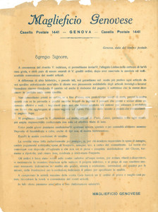 Materiale pubblicitario d’epoca 1920 ca GENOVA Maglieficio Genovese articoli in pura lana DANNEGGIATO 1