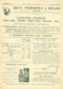 Materiale pubblicitario d’epoca 1925 MILANO Dott. FERRERO & BRUNI Listino prezzi prodotti chimici medicinali 1