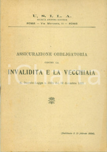 Documento originale, autentico 1924 ROMA U.S.I.L.A. Assicurazione obbligatoria invalidità  e vecchiaia Decreto 1