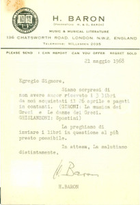 Manoscritto, lettera originale 1968 LONDON Herman BARON sollecita libri da Libreria MORETTI Cartolina AUTOGRAFA 1