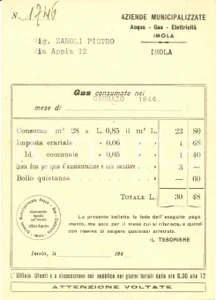 Documento originale, autentico 1944 IMOLA BO Aziende municipalizzate acqua gas elettricitÃ  Bolletta gennaio 1