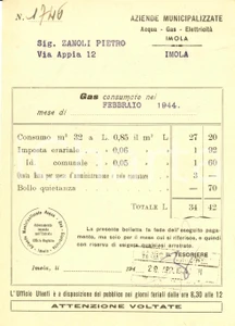 Documento originale, autentico 1944 IMOLA BO Aziende municipalizzate acqua gas elettricitÃ  Bolletta febbraio 1